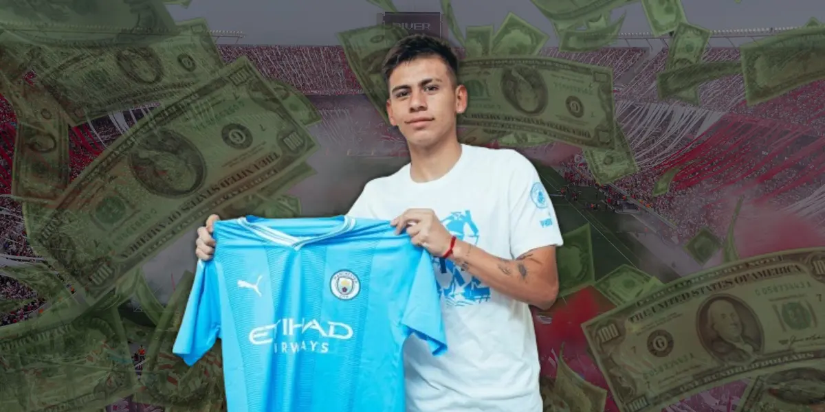 Claudio Echeverri posando con la camiseta de Manchester City.