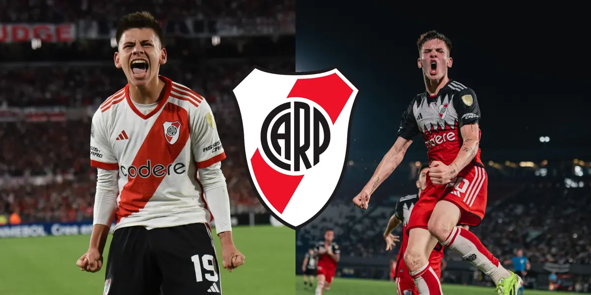 Echeverri y Mastantuono gritando goles en River