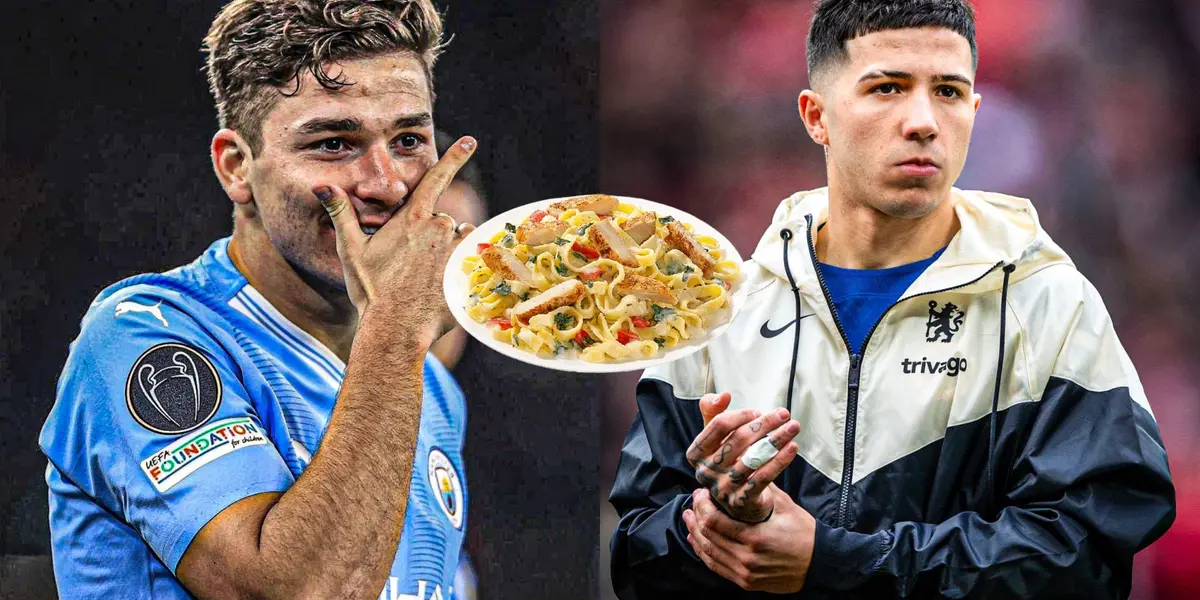 Enzo Fernández, plato de fideos con pollo y Julián Álvarez