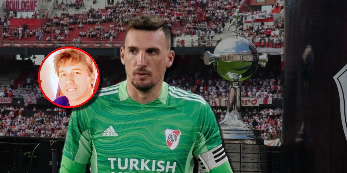 Franco Armani con el buzo de River Plate y la cinta de capitán.