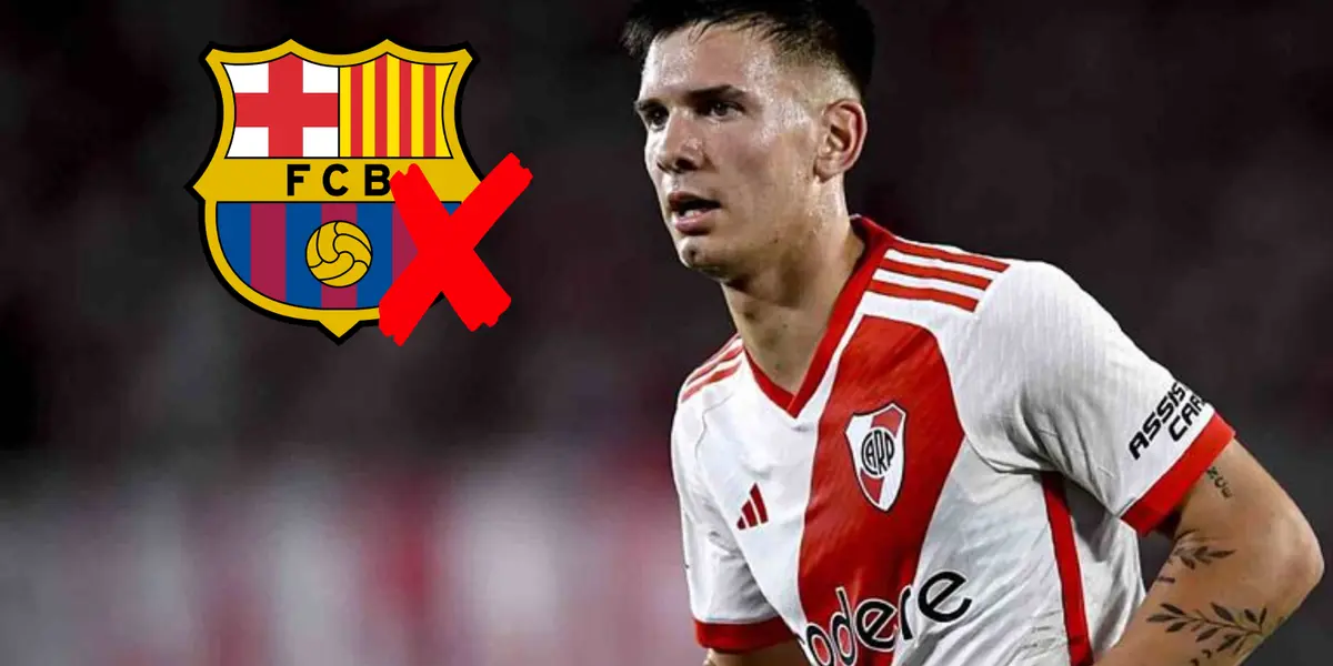 Franco Mastantuono con la camiseta de River y el escudo de Barcelona.