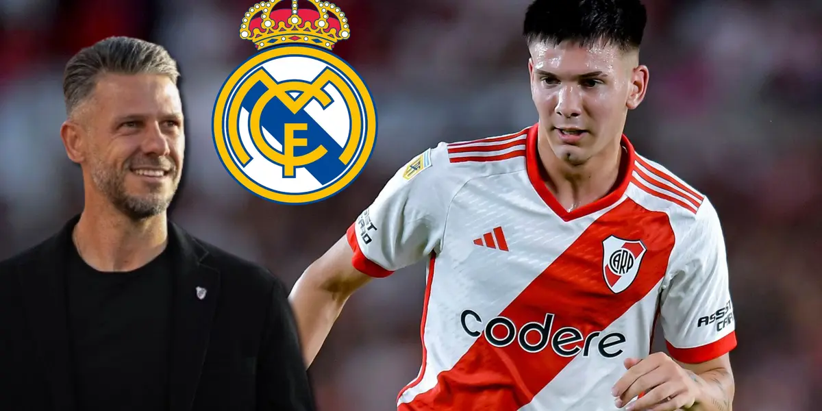 Franco Mastantuono en acción con River y Martín Demichelis observando.