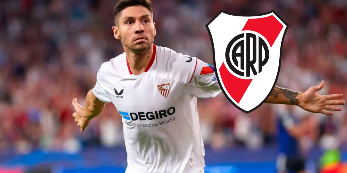 Gonzalo Montiel con la camiseta de Sevilla y el escudo de River.