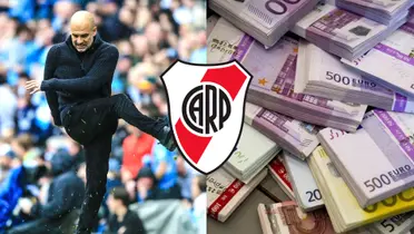 Guardiola enfadado y fajo de billetes en euros