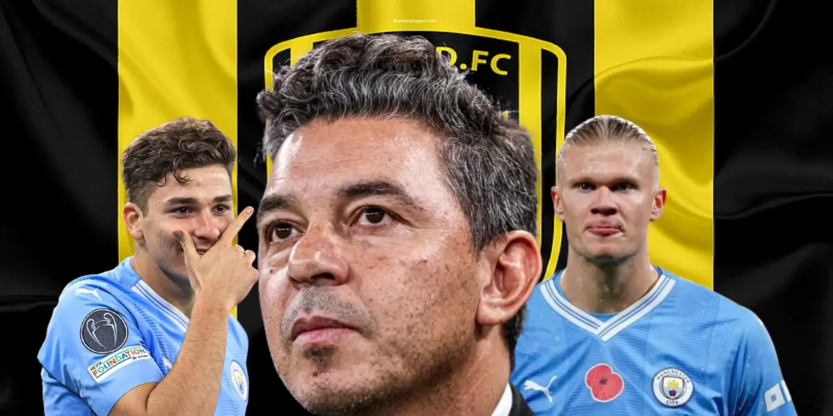 Julián Álvarez festejando. Gallardo mirando al horizonte. Erling Haaland y escudo Al Ittihad