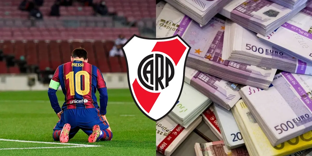 Lionel Messi arrodillado y fajo de billetes en euros