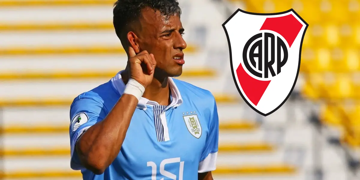 Luciano Rodríguez con la camiseta de Uruguay y el escudo de River a su lado.