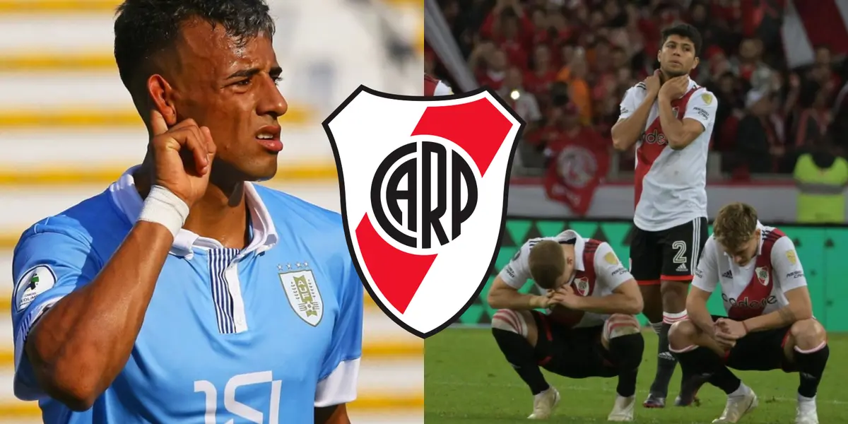 Luciano Rodríguez con la camiseta de Uruguay y varios jugadores de River.