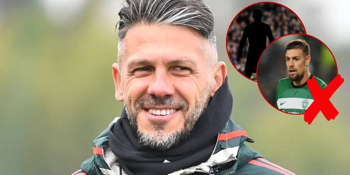 Martín Demichelis con un camperón de River y a su lado Sebastián Coates.