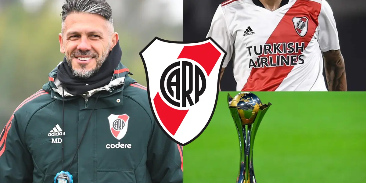 Martín Demichelis con un camperón de River y la copa del Mundial de Clubes.