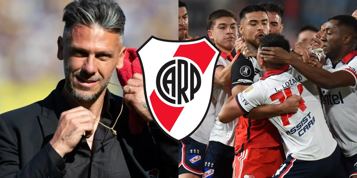 Martín Demichelis de traje y a su lado, la contienda del River vs Nacional.
