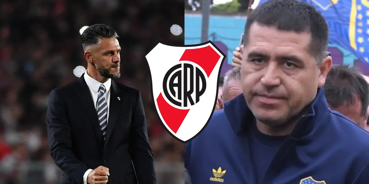 Martín Demichelis festejando en River y Juan Román Riquelme serio en Boca