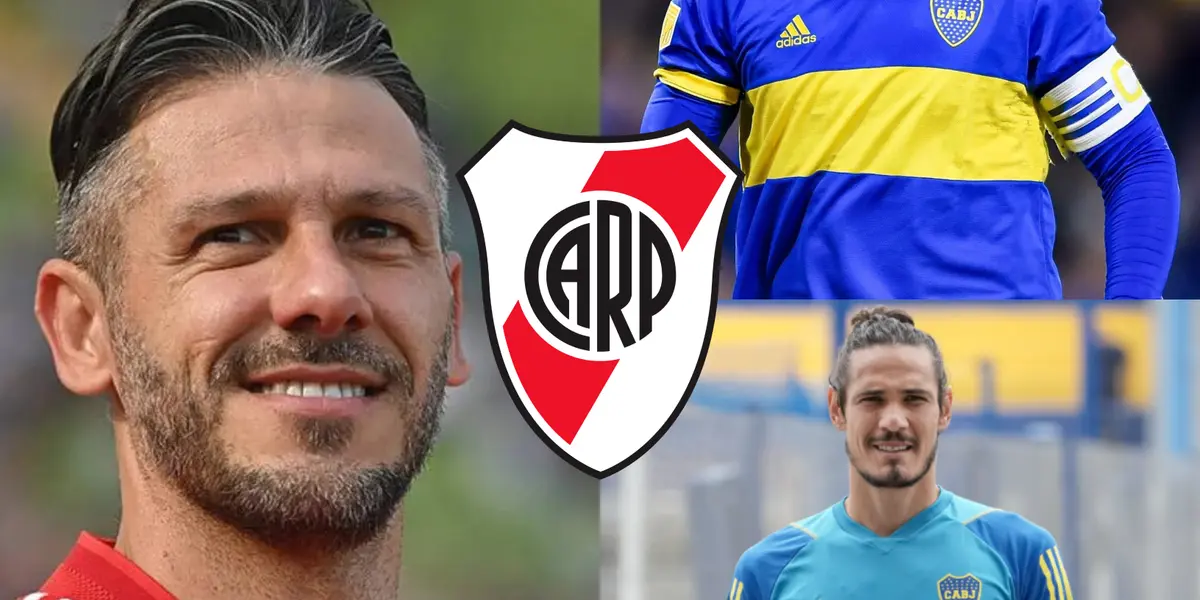 Martín Demichelis sonriendo y Edinson Cavani con la camiseta de Boca.