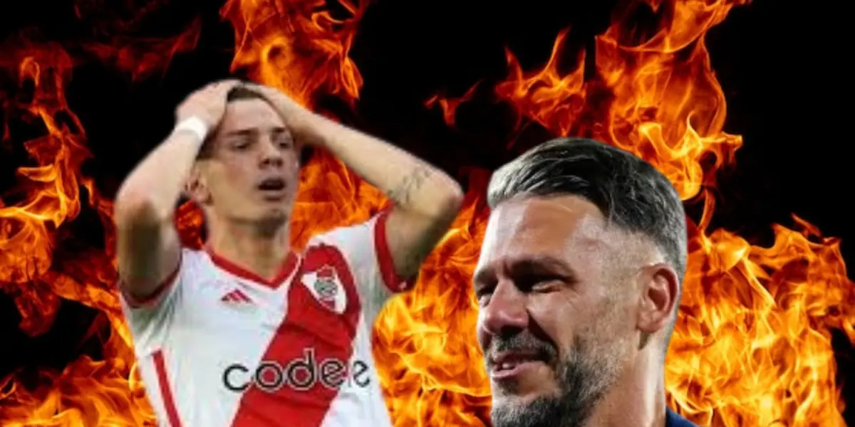 Mastantuono agarrándose la cabeza y Martín Demichelis sonriendo, acompañado del fuego de fondo