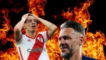 Mastantuono agarrándose la cabeza y Martín Demichelis sonriendo, acompañado del fuego de fondo