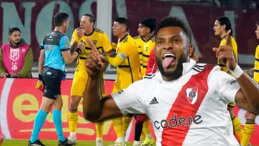 Miguel Borja con la camiseta de River y de fondo el Boca vs Estudiantes.