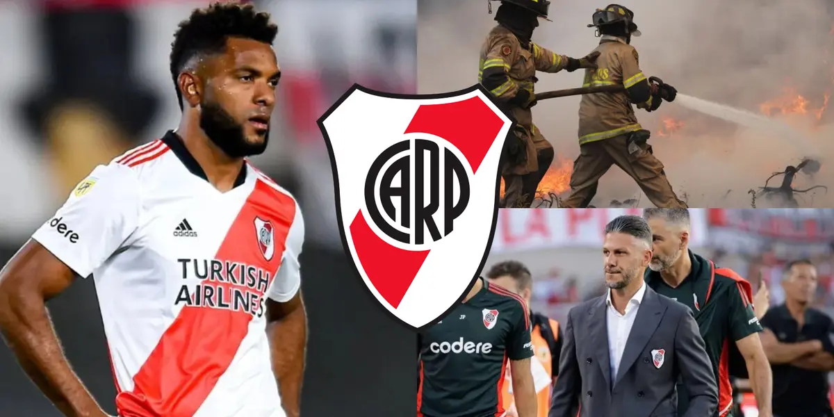 Miguel Borja con la camiseta de River y Martín Demichelis a su lado.