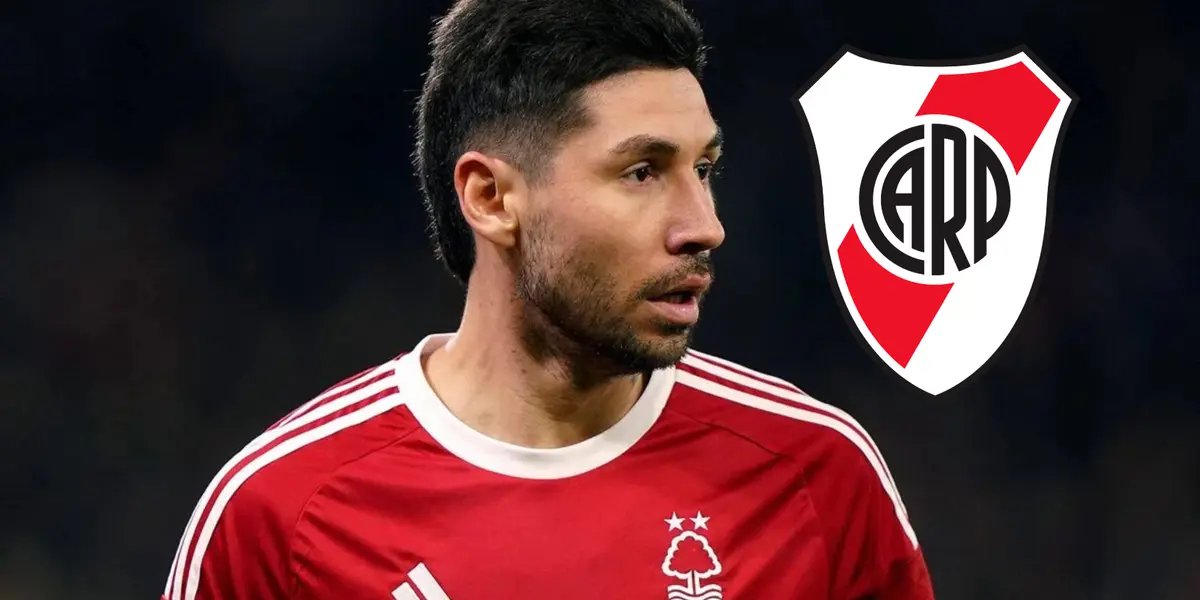 Montiel y el escudo de River a su lado.