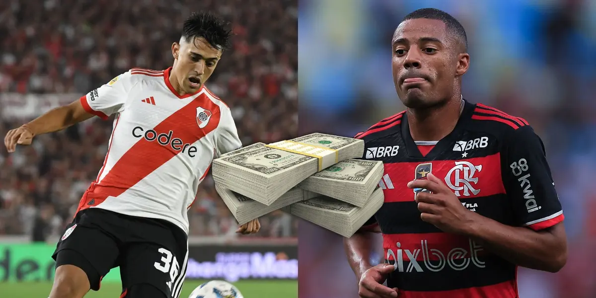 Pablo Solari en un partido de River Plate y NIcolás De La Cruz con la camiseta de Flamengo.