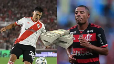 Pablo Solari en un partido de River Plate y NIcolás De La Cruz con la camiseta de Flamengo.