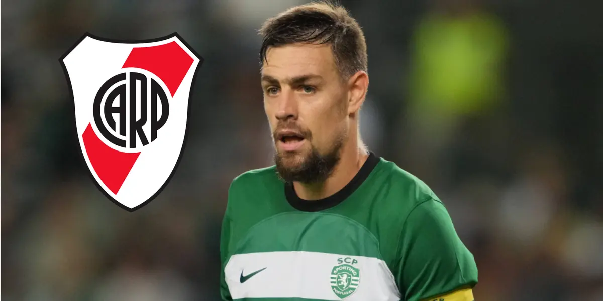 Sebastián Coates con la camiseta del Sporting y a su lado el escudo de River.