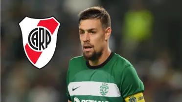 Sebastián Coates con la camiseta del Sporting y a su lado el escudo de River.
