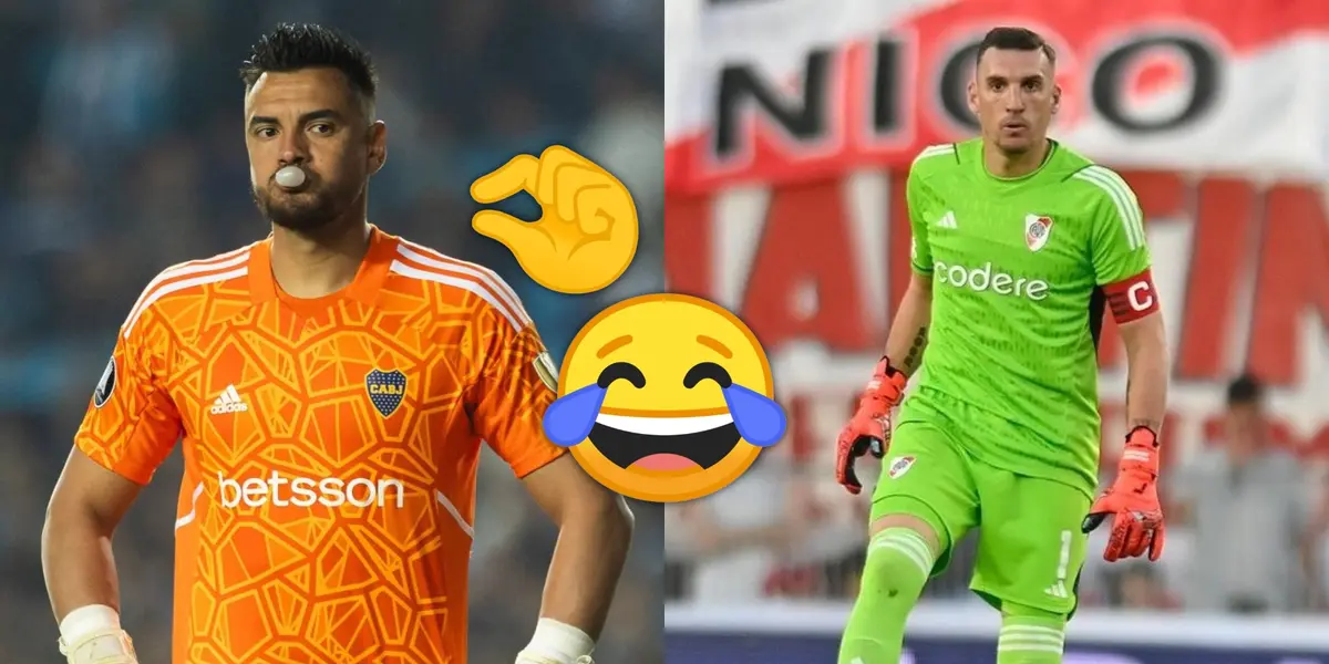 Sergio romero y Franco Armani vistiendo los buzos de Boca Juniors y River Plate, respectivamente.